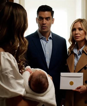 Six months after our divorce, my ex-husband showed up at my door with his fiancée and their wedding invitation. But the moment he saw the newborn in my arms, his face went pale and he rushed past her in panic…