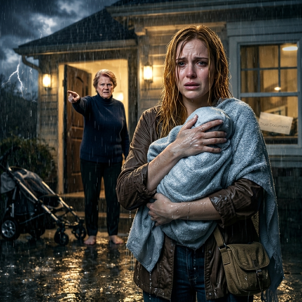 Nadat mijn man was overleden, gaf zijn moeder mij de schuld van wat er was gebeurd en zette ze me met onze drie maanden oude baby in mijn armen midden in een woeste storm op straat. Ze dacht dat ze alles van me had afgepakt – zelfs de kinderwagen. Wat ze zich nooit realiseerde, was wat mijn man in het geheim had geregeld voordat hij er niet meer was.