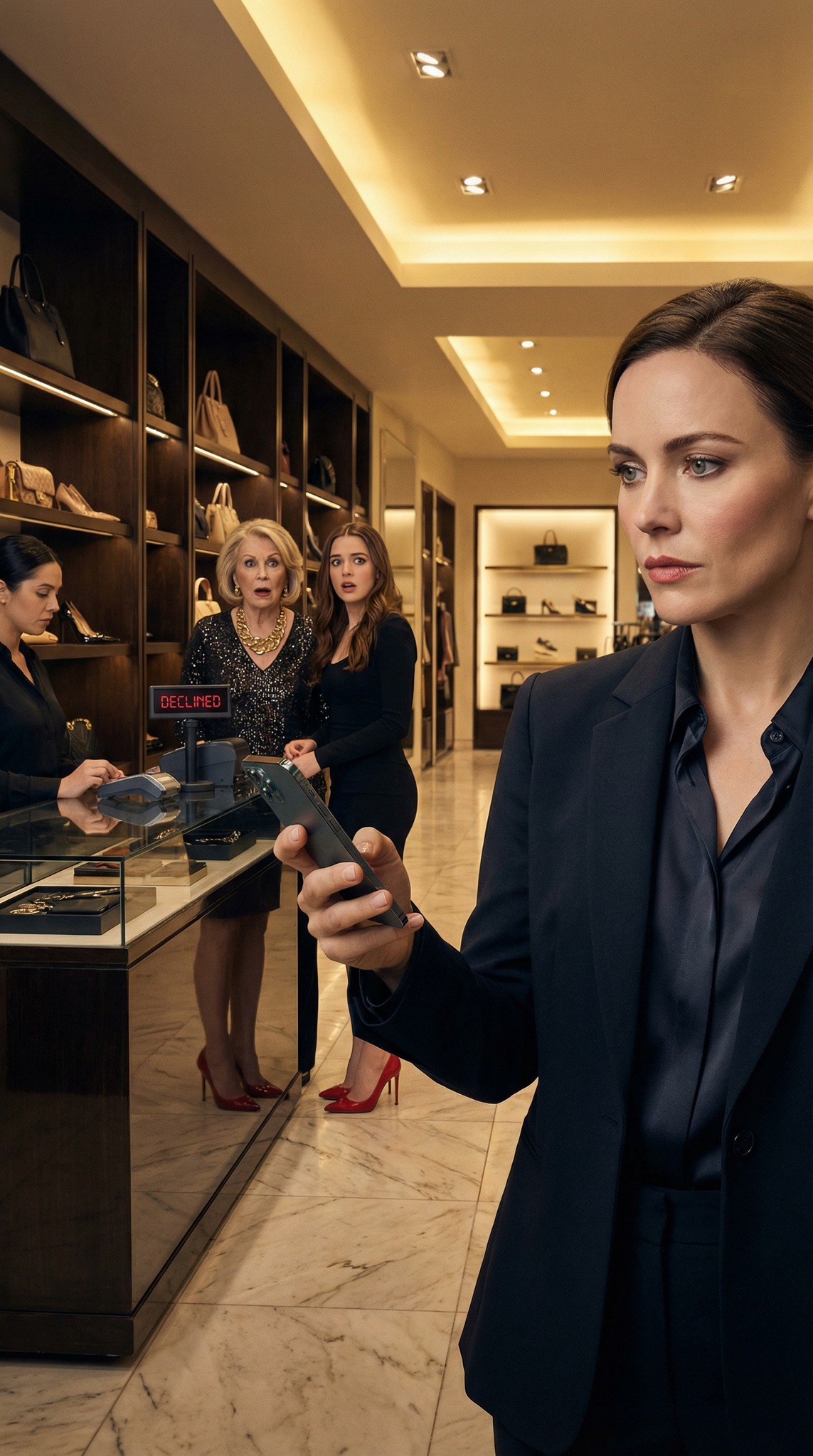 Through the boutique glass, I watched my mother-in-law giggle beside my husband’s mistress, waving my black card like a trophy. “Try the red heels,” she purred. The cashier smiled. “Approved.” Not for long. In my car, I whispered, “Cancel it. Now.” “Ma’am, the card is terminated,” the banker confirmed. Inside, her face tightened. “Why isn’t it working?” I smiled. “Because your penthouse… your cars… your life—was never yours.” And then his phone rang.