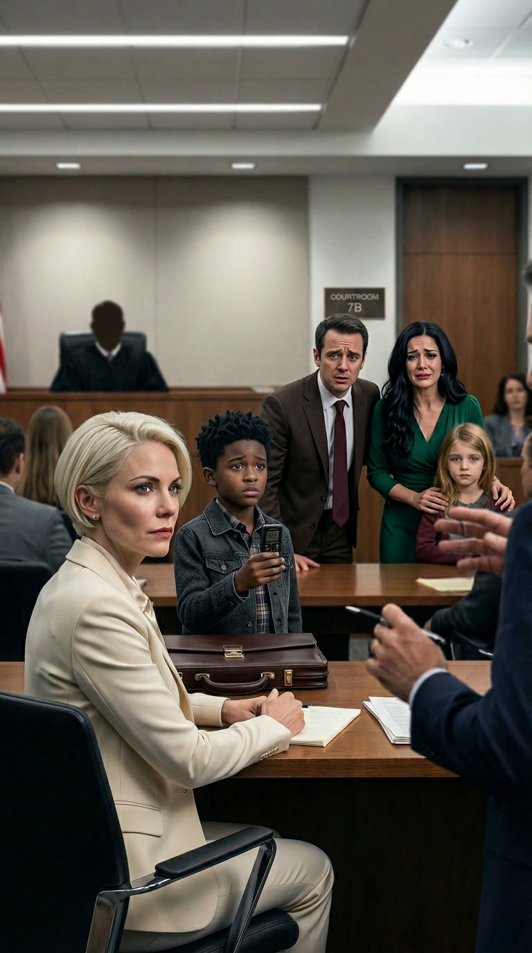 “Your Honor, I’d like to introduce someone… important,” my husband announced, voice echoing through Courtroom 7B. He smiled like he’d already won—then stepped aside to reveal her… and a five-year-old girl with his exact eyes. “This is my daughter, Lily.” Gasps rippled. My lawyer froze. I didn’t. I smiled. Because Cameron—my twelve-year-old son—slowly stood up beside me and whispered, “Dad… tell them what you did.” And that’s when everything began to collapse…