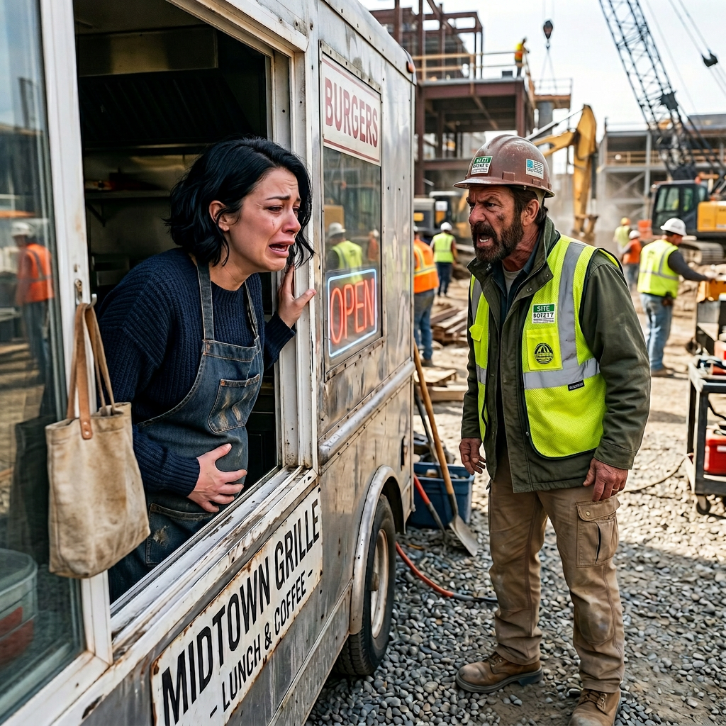 At a construction site, I stepped up to order coffee and suddenly recognized the food truck worker—eight months pregnant, trembling, and somehow my daughter-in-law. Through tears, she begged me not to tell him she was there. What she whispered next changed everything and left me standing there in stunned silence.