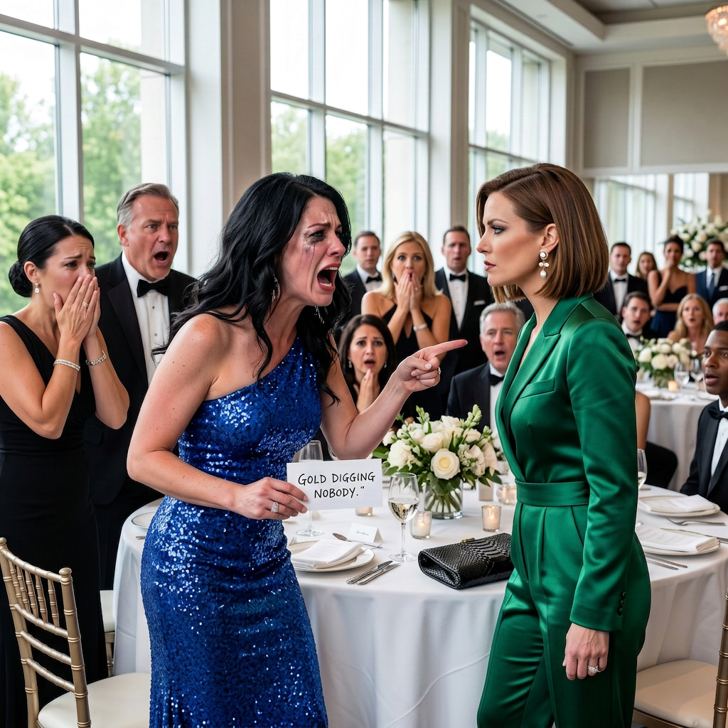 At my husband’s corporate gala, I found a place card waiting for me with two brutal words: “Gold digging nobody.” His boss laughed, her colleagues joined in, and everyone expected me to break in front of them. I didn’t. I simply walked away, and that silent decision changed everything that followed.