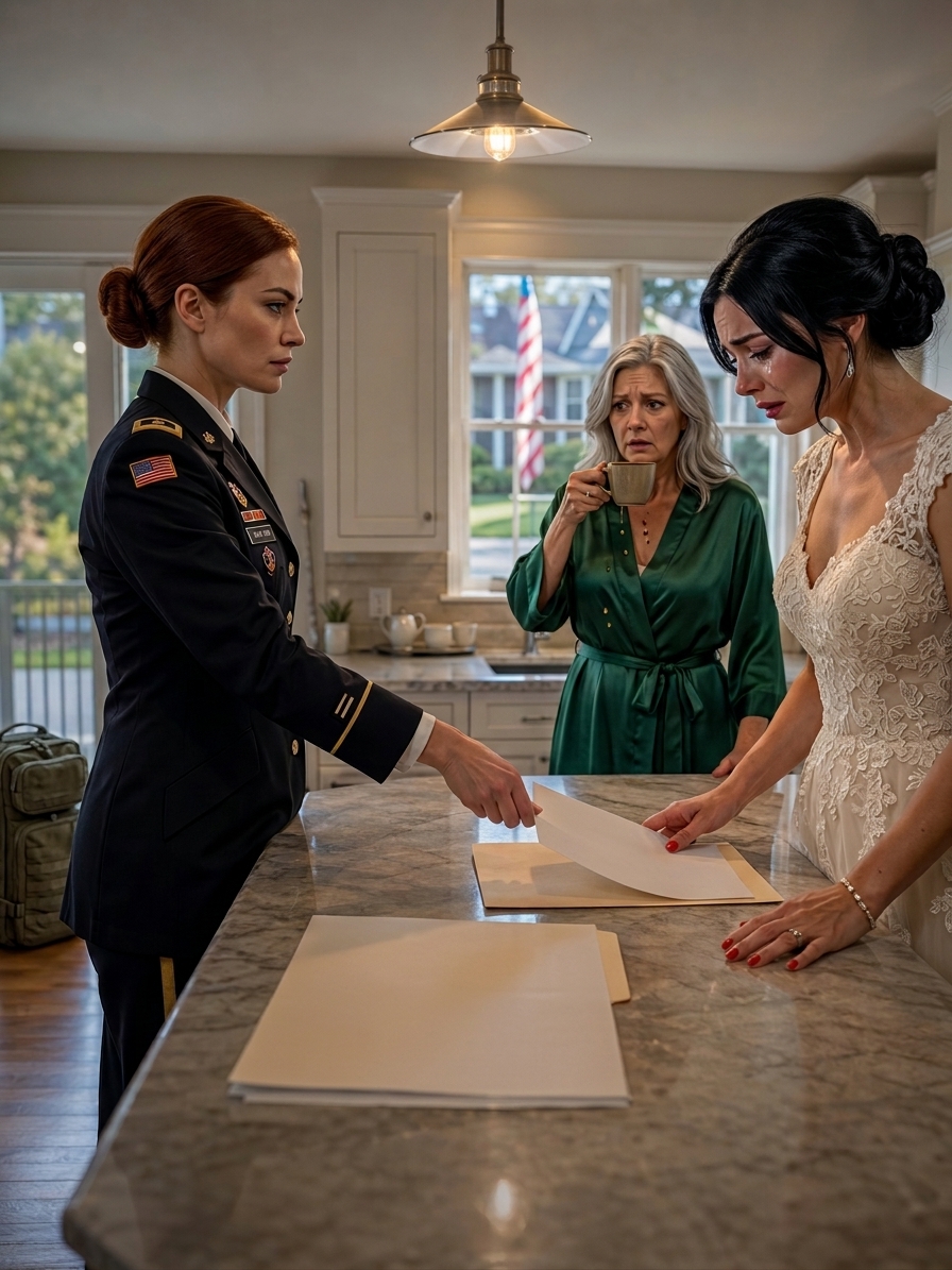 ‘Je betaalt niet eens voor dit huis. Ga weg,’ zei mijn zus bij het keukeneiland, met dezelfde felrode manicure die ze voor haar trouwweekend had laten zetten, en iedereen in die rustige wijk in Virginia knikte instemmend alsof ik het probleem was – totdat ik een opgevouwen eigendomsakte uit mijn legeruniform haalde, die over de tafel schoof en haar vroeg de naam te lezen.