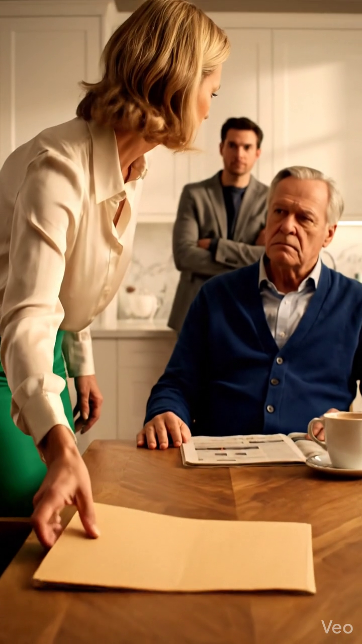 Mijn schoondochter kwam mijn huis binnen en zei: “Papa, waarom heb je de rekening geblokkeerd? We hebben dat geld nu nodig.” Ik glimlachte en schoof de map over de tafel. De vrouw van mijn zoon zweeg toen ze de naam op de eerste pagina zag.