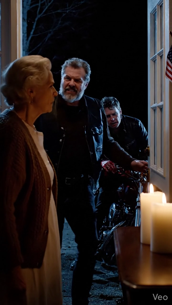 Vijf Hell’s Angels klopten midden in een sneeuwstorm in Ohio aan bij de 72-jarige Irene Wilson. Ze was blut, alleen en een van hen bloedde. Toch liet ze hen binnen. Drie weken later reed een zwarte SUV Maple Terrace op en Irene’s gezicht veranderde op slag toen ze de ogen herkende van de man die uitstapte.