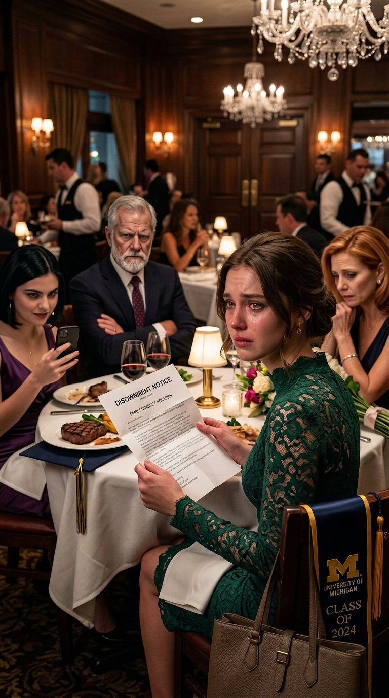 For my graduation dinner, my dad slid an envelope across the table and said, “From all of us.” I smiled, opened it, and felt my whole body go numb—it was a disownment letter. My sister was actually filming me, laughing, waiting for me to break. Instead, I looked up and said, “Thank you. This makes what I did next a lot easier.” They thought they had destroyed me… but they had no idea I’d already beaten them to the ending. – True Stories