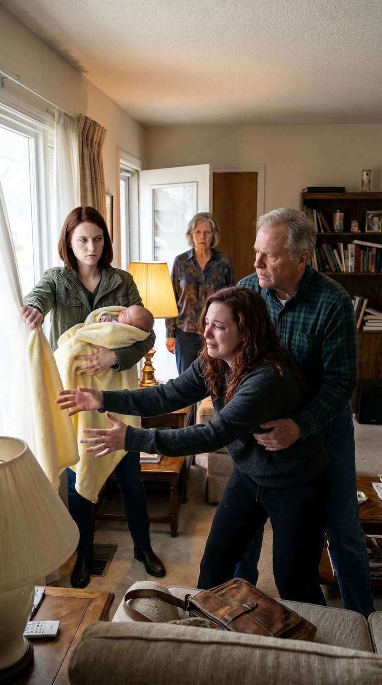 I walked into my parents’ house with my newborn in my arms when my sister yanked her away. My parents didn’t blink. “Sign the house and the car over to your sister. Now.” I laughed weakly. “Please… I just gave birth.” My sister leaned close, voice sharp. “Deed first—or the baby goes out the window.” I lunged forward. My father pinned my arms behind my back. And then my sister crossed a line no one could ever erase. In that instant… – True Stories