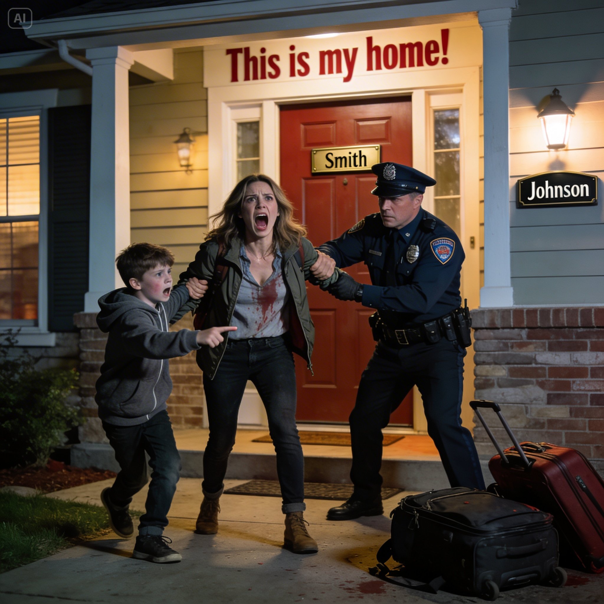 The second my daughter and I returned from our trip, a police officer seized my arm and said, “You’re under arrest for trespassing.” “No! This is my house!” I screamed. But then my son tugged softly at my sleeve and whispered, “Mom… look. The name on the door… it’s been changed.” – Story
