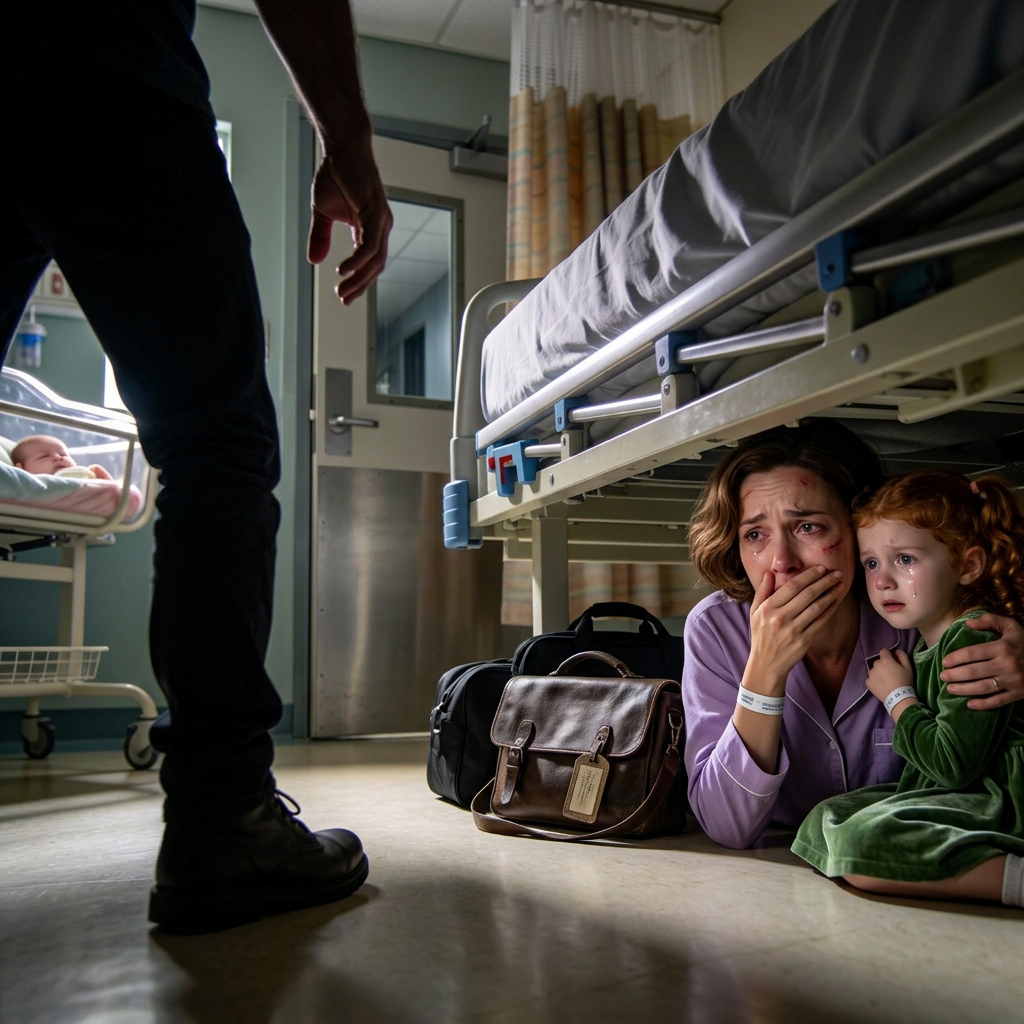 I had just given birth when my 8-year-old daughter came to visit me. Without a word, she quietly closed the curtain and leaned in close. “Mom, get under the bed. Now,” she whispered. My heart started pounding, but I followed her, and we crawled underneath together, holding our breath in silence. Then footsteps began to approach—and just before they reached us, she gently covered my mouth. – Story