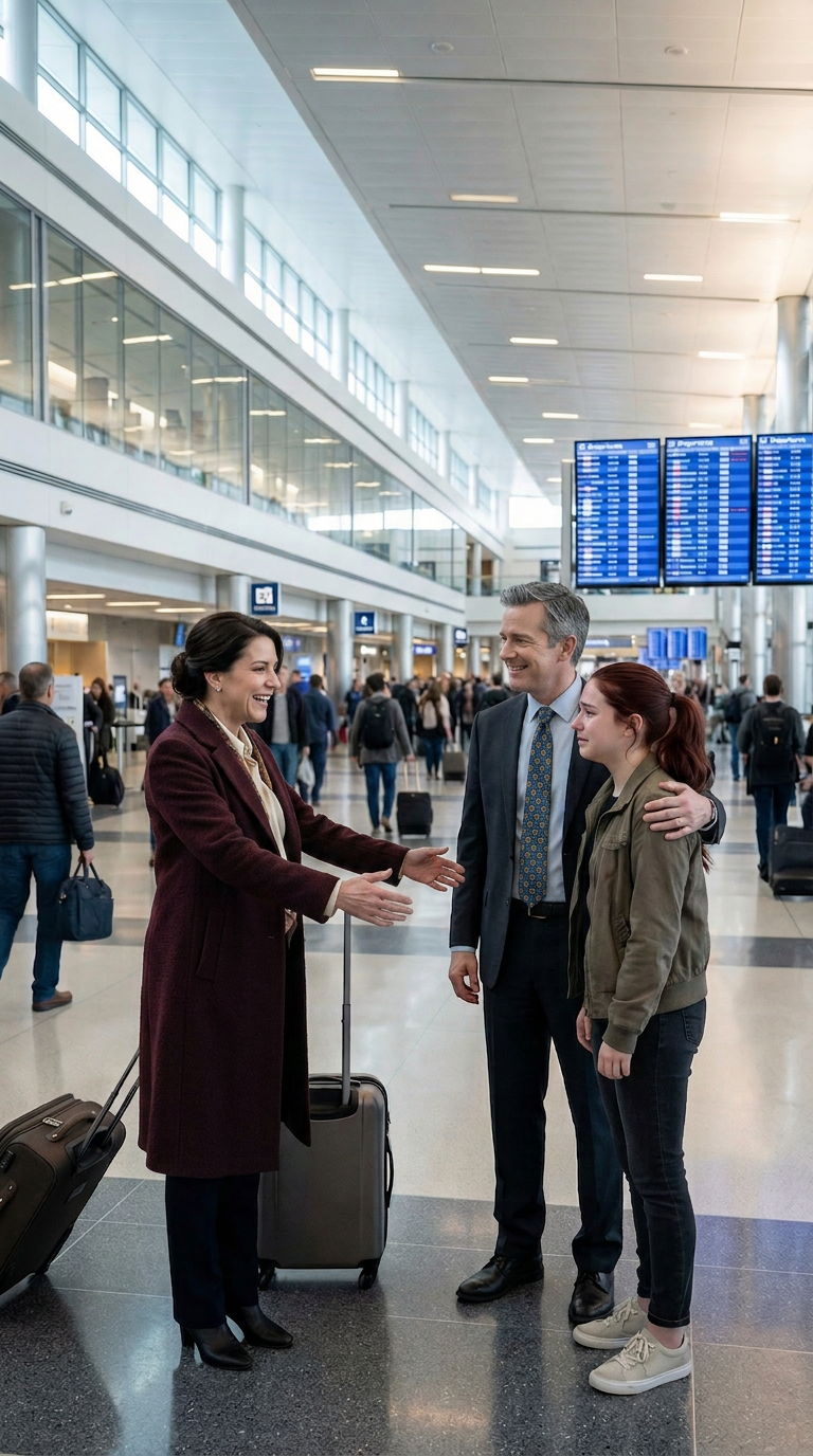 At the airport, I nearly dropped my suitcase when I saw my husband’s arm locked around a younger woman’s waist. But instead of screaming, I smiled and said, “What a surprise… big brother, aren’t you going to introduce me?” Her face turned ghostly pale. My husband went completely still, like the ground had vanished beneath him. In that single second, I knew their secret was far worse than betrayal—and I was about to tear it wide open. – True Stories