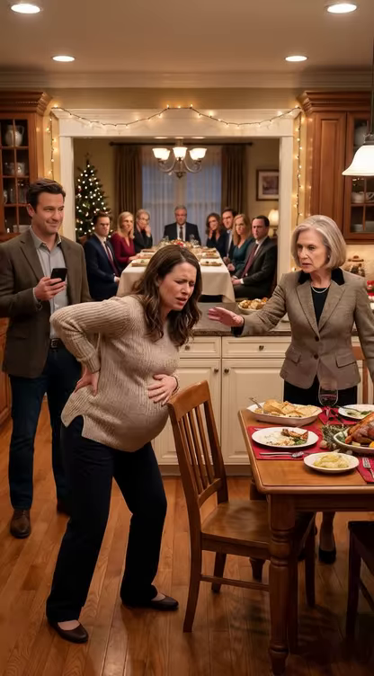 I never told my in-laws that I am Chief Justice’s daughter. When I was 7 months preg/nant, they forced me to cook the entire Christmas dinner alone. My mother-in-law even made me eat standing in the kitchen, claiming it was “good for the baby.” When I tried to sit down, she shoved me so violently that I began to miscarry. I reached for my phone to call the police, but my husband snatched it away and sneered, “I’m a lawyer. You won’t win.” I looked straight into his eyes and said calmly, “Then call my father.” He laughed as he dialed—completely unaware his legal career was about to end. – True Stories