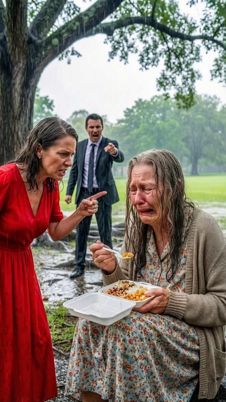 I was rushing through the rain after the worst business meeting of my life when I saw an old woman shaking under a tree, clutching a cheap box of food like it was all she had left. Then she looked up, and my blood froze. “Mom?” I whispered. She stared at me through the storm, tears mixing with rain, and said, “So… you finally came back.” In that second, I realized success had made me rich enough to buy everything—except the years I had stolen from her. – True Stories