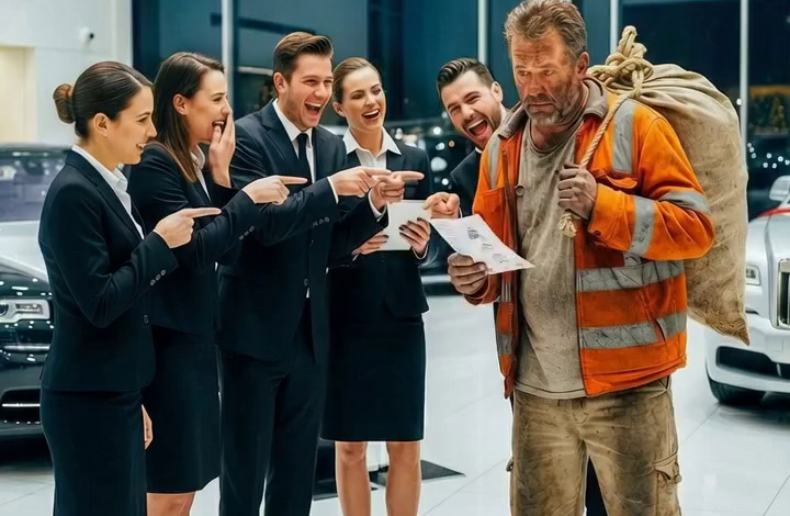 The entire Rolls-Royce showroom burst into laughter when the ragged garbage collector stepped inside. “Sir, this isn’t a place for people like you,” one salesman sneered. But when Ray dropped his filthy sack onto the marble floor and whispered, “My dying daughter has one Christmas wish,” the room went silent. Then he opened the bag—and what spilled out changed everything. No one was ready for what came next. – True Stories