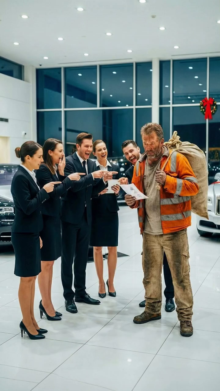The entire Rolls-Royce showroom burst into laughter when the ragged garbage collector stepped inside. “Sir, this isn’t a place for people like you,” one salesman sneered. But when Ray dropped his filthy sack onto the marble floor and whispered, “My dying daughter has one Christmas wish,” the room went silent. Then he opened the bag—and what spilled out changed everything. No one was ready for what came next. – True Stories