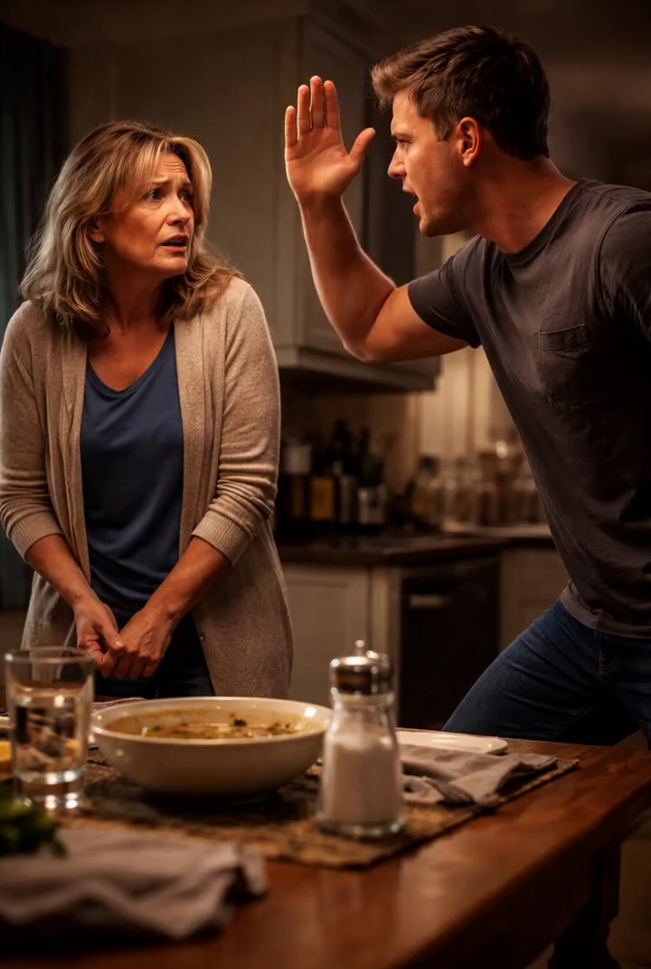 I still tasted the tears in that saltless soup when my son’s hand struck my face. By morning, he stood over my bruises and hissed, ‘My girlfriend’s coming for lunch, Mom—cover that up and smile.’ I said nothing. But when I followed him to his office and he stepped into his boss’s room, his face went ghost-white. Then he saw me standing there… and whispered, ‘Mom… what are you doing here?’ – True Stories