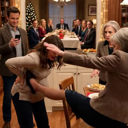 I never told my in-laws that I am Chief Justice’s daughter. When I was 7 months preg/nant, they forced me to cook the entire Christmas dinner alone. My mother-in-law even made me eat standing in the kitchen, claiming it was “good for the baby.” When I tried to sit down, she shoved me so violently that I began to miscarry. I reached for my phone to call the police, but my husband snatched it away and sneered, “I’m a lawyer. You won’t win.” I looked straight into his eyes and said calmly, “Then call my father.” He laughed as he dialed—completely unaware his legal career was about to end. – True Stories