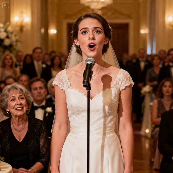 My mother-in-law tried to humiliate me at a wedding by forcing me to sing without any music. She believed that I, just a middle school graduate, would embarrass myself. Smiling coldly, she said, “Go on, sing.” Guests began to whisper. My hands trembled as I stepped forward. But when I opened my mouth and started singing… the laughter stopped, and every face in the room slowly changed. – Story