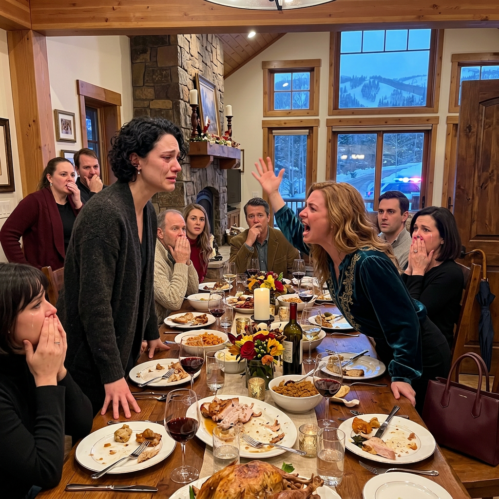 At Thanksgiving dinner, my sister yelled at me, “Why are you ruining the aesthetic of my $3.5 million ski lodge?” I smiled and said, “You don’t own this house. You’re just a trespasser.” At that moment, the lights turned— Then the police arrived.