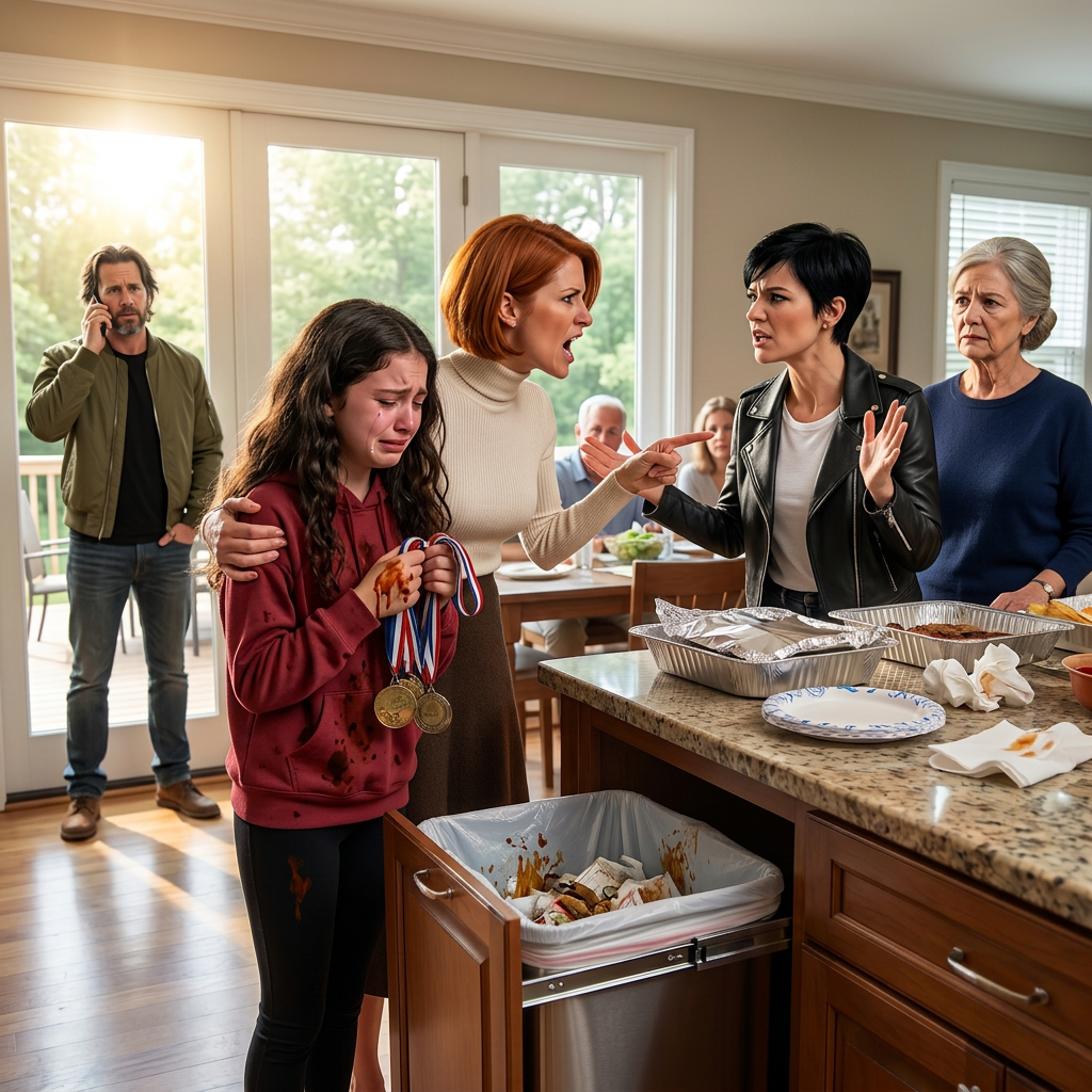 My sister-in-law threw my 12-year-old daughter’s medals into the kitchen trash at a family barbecue because she was outshining her cousin. “She needs to be humble,” my mother-in-law said. My husband stayed calm, made one phone call, and by the next morning, they were begging him to…