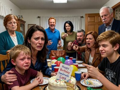 At my mom’s birthday, my nephew crumpled my son’s handmade card and tossed it into the cake. “Nobody likes his weirdo art,” he said. The table burst out laughing. Later that night, my dad texted, “Maybe skip Christmas. You’re bringing the mood down.” I replied, “I also skip your mortgage. Permanently.” By morning, I had 48 missed calls…
