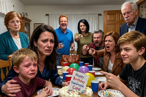 At my mom’s birthday, my nephew crumpled my son’s handmade card and tossed it into the cake. “Nobody likes his weirdo art,” he said. The table burst out laughing. Later that night, my dad texted, “Maybe skip Christmas. You’re bringing the mood down.” I replied, “I also skip your mortgage. Permanently.” By morning, I had 48 missed calls…