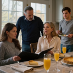 Tijdens de brunch op zondag tikte ik met mijn glas en zei: “Slechts drie zinnen” — bij de tweede zin was mijn moeder bleek geworden