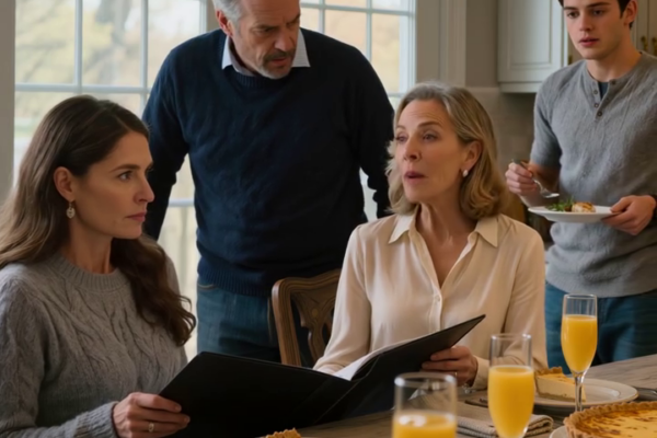 Tijdens de brunch op zondag tikte ik met mijn glas en zei: “Slechts drie zinnen” — bij de tweede zin was mijn moeder bleek geworden