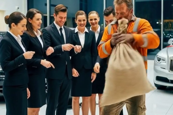 The entire Rolls-Royce showroom burst into laughter when the ragged garbage collector stepped inside. “Sir, this isn’t a place for people like you,” one salesman sneered. But when Ray dropped his filthy sack onto the marble floor and whispered, “My dying daughter has one Christmas wish,” the room went silent. Then he opened the bag—and what spilled out changed everything. No one was ready for what came next. – True Stories