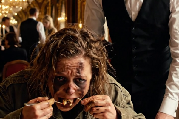Een dakloze vrouw liep een luxe restaurant binnen om de restjes van anderen op te eten: de obers en gasten keken haar minachtend aan en eisten dat de politie zou worden gebeld